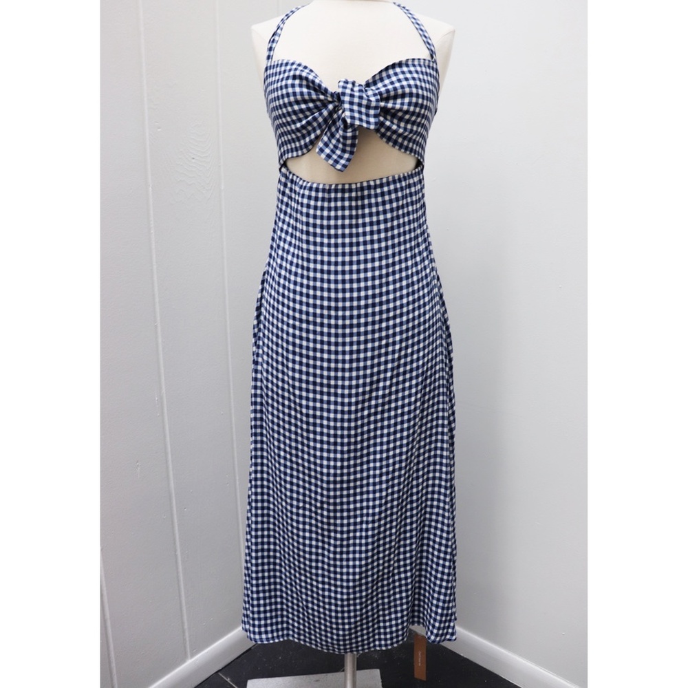 Reformation Navy and White Gingham Maxi Dress with Front Tie